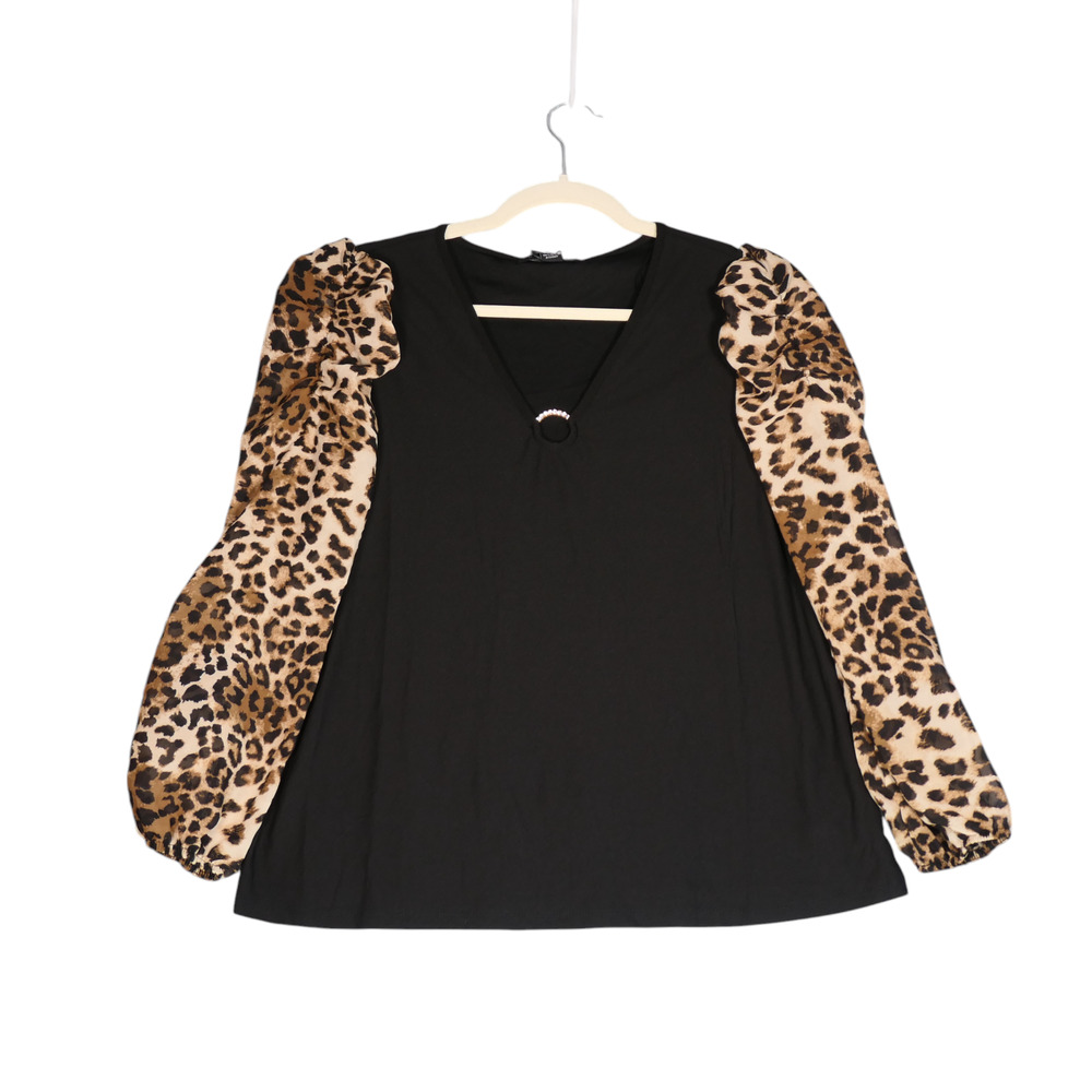 NWT A Love Story Blouse Top Women Small Black Animal Print Rhinestones Glam Luxe